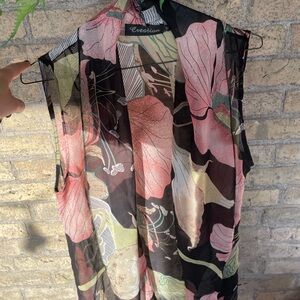 Sheer Floral Vest with Pink and Green Accents